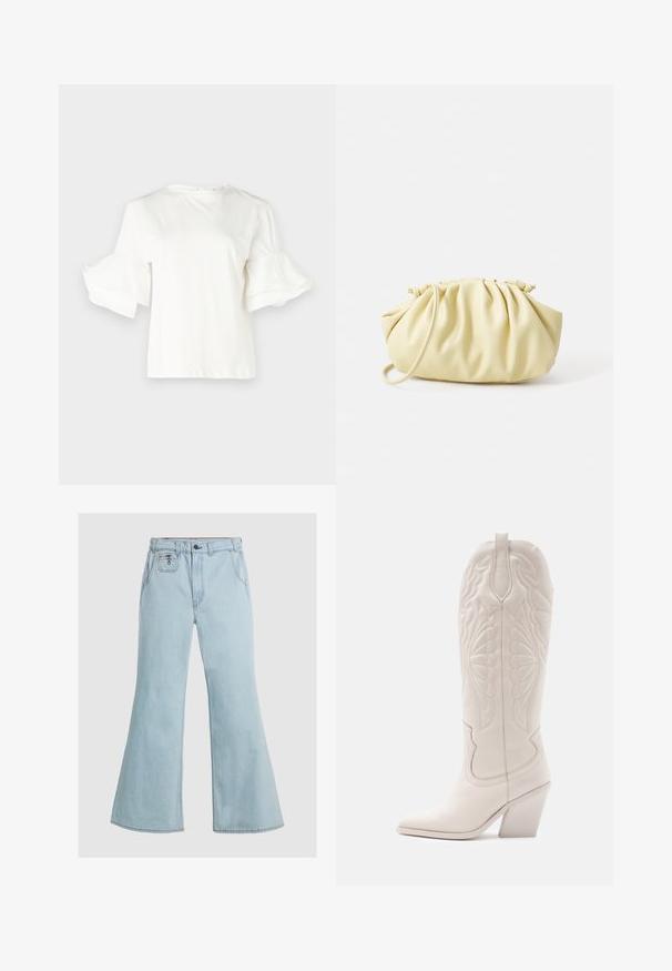 Witte top met korte mouwen en ronde halslijn, voorzien van uitlopende rokjesmouwen. Gemaakt van een lichtgewicht katoenmix, met een soepele textuur.; Lichtblauwe flared jeans van denim, met een hoge taille, knoopsluiting en voorzakken. Gladde textuur met minimale stikdetails.; Witte leren cowboylaars met een spitse neus en een vierkante hak. Heeft ingewikkelde stikpatronen op de schacht en een soepele textuur.; Geel geplooide handtas van soepel nepleer, met een zachte vorm, een enkele schouderriem en een verzameld ontwerp aan de bovenkant.