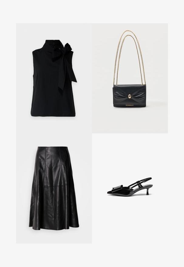 Top negro sin mangas con un alto cuello, que presenta un gran lazo en el lado izquierdo. Fabricado en un tejido suave y liso con un dobladillo limpio.; Falda de cuero negro con una silueta acampanada, que presenta costuras visibles y una textura suave. Diseño de longitud media con un corte clásico.; Zapatos de tacón slingback de charol negro con punta afilada, detalle de lazo en el frente y un pequeño tacón de aguja. Las correas tienen hebillas ajustables.; Bolso de hombro de cuero negro con cadena dorada, detalle fruncido en el frente, cierre ovalado dorado y logo "Steve Madden" en el borde inferior.