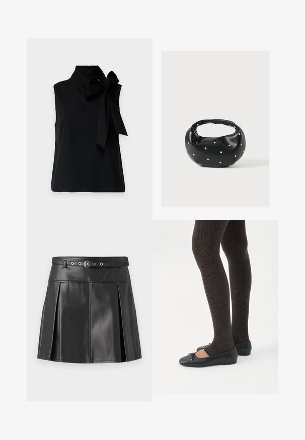Top sans manches noir avec un col haut, présentant un grand nœud sur le côté gauche. Fabriqué en tissu lisse et doux avec un ourlet soigné.; Jupe plissée noire en simili cuir, dotée d'une taille ajustée avec une ceinture et des accents en métal argenté. Texture lisse.; Jambes portant des leggings côtelés foncés associés à des ballerines noires avec de petits détails en nœud sur fond blanc.; Sac à main en cuir noir de forme arrondie, décoré de clous argentés et équipé d'une poignée courte. Texture lisse et fermeture éclair.