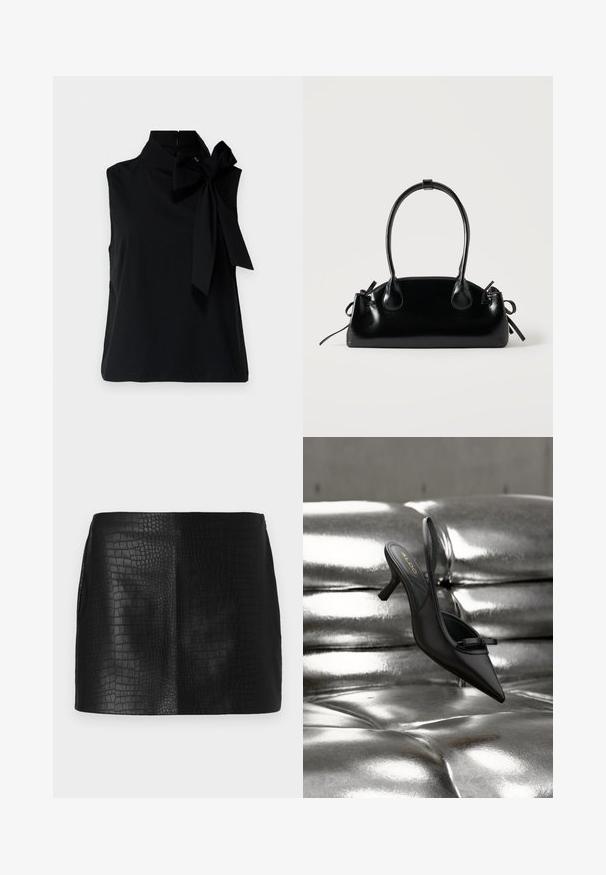 Top sans manches noir avec un col haut, présentant un grand nœud sur le côté gauche. Fabriqué en tissu lisse et doux avec un ourlet soigné.; Mini jupe en simili cuir noir avec un motif crocodile texturé, présentant une finition lisse et une coupe ajustée sans accessoires visibles.; Chaussure à talon noire à bout pointu et bride arrière, avec un petit nœud, reposant sur un revêtement en cuir argenté brillant matelassé.; Petit sac à main noir brillant avec deux longues anses et des détails à cordon sur les côtés sur un fond clair uni.