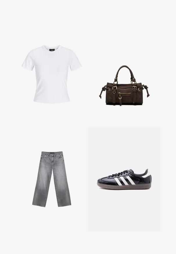 Hvid tætsiddende t-shirt med korte ærmer, rund halsudskæring og et lille sort mærke indeni kraven.; Grå vidde cowboybukser med forlommer, bæltestropper og knaplukning, vist fladt på en hvid baggrund.; Lavprofils sort sneaker med tekstureret slangeskindsmønster, hvide striber på siden, sorte snørebånd og en gennemsigtig brun sål.; Mørkebrun læderhåndtaske med dobbelte håndtag, forreste lynlåslomme, dekorative spænder og sideknuder på hvid baggrund.