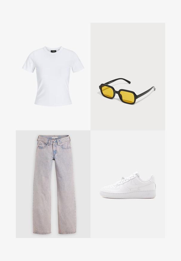 Hvid tætsiddende t-shirt med korte ærmer, rund halsudskæring og et lille sort mærke indeni kraven.; Lyseblå denimjeans med lige ben, der har et fem-lommer design, dobbeltknaplukning og minimal falmen.; Lavtop hvid sneaker med perforeret tå, snørelukning, tekstureret sål og et diskret swoosh-logo på siden.; Sorte rektangulære solbriller med gule linser. Funktioner inkluderer tykke stel og kantet design med en glat, blank finish.