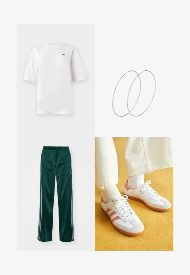 Valge puuvillane T-särk, lühikeste varrukatega ja ümmarguse kaelusega. Vasakul rinnal on väike roheline logo.; Tumedad roheline sportpants, mis on valmistatud läikivast materjalist, külgedel on heledates hallides triipudes ja vasakul jalal on broderdatud logo.; Valged sportlikud jalanõud roosa aktsendiga, suede ja naha materjalidest, ümmargune varvas ja kummitald, näidatud heledate sokkide kõrval kollasel taustal.; Hõbedased rõngastikkaehingad minimalistlikus disainis. Ümar kuju, sile tekstuur ja õhuke profiil. Kerged ning poleeritud viimistlusega.