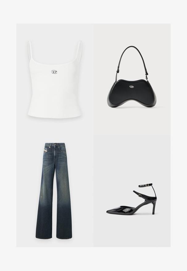 Débardeur blanc à côtes avec fines bretelles et coupe ajustée. Présente un petit logo circulaire au centre. Texture lisse, style minimaliste.; Jean en denim à jambes larges de couleur bleu foncé avec une finition délavée, présentant un genou usé et un design classique à cinq poches avec une étiquette.; Talons en cuir verni noir avec un bout pointu, des sangles de cheville ajustables et un talon fin. Texture lisse avec une finition brillante.; Sac à main en similicuir noir avec une forme incurvée unique, une poignée courte et un détail de logo argenté sur le devant. Texture lisse, design minimaliste.