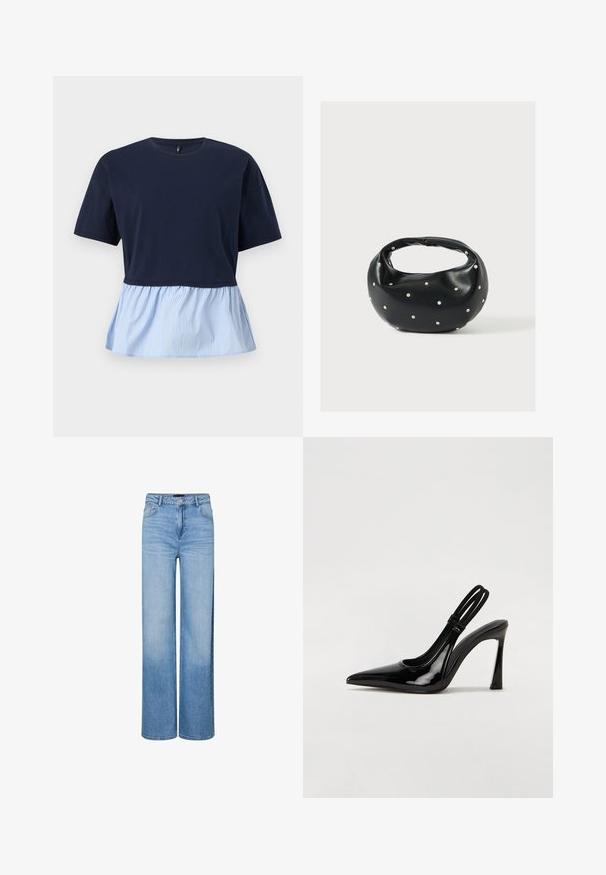 Haut à manches courtes bleu marine avec col rond et ourlet basque attaché à rayures verticales bleu clair et blanc.; Jean large taille haute bleu clair avec boutons et fermeture éclair à l'avant, passants pour ceinture, et détails délavés sur les cuisses et les genoux.; Escarpin en cuir verni noir à talon aiguille, à bout pointu, avec une sangle élastique double pour un maintien sécurisé. Surface lisse et brillante.; Sac à main en cuir noir de forme arrondie, décoré de clous argentés et équipé d'une poignée courte. Texture lisse et fermeture éclair.