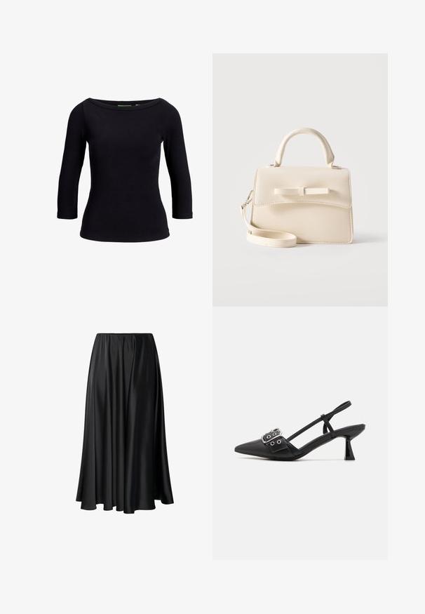 Top negro acanalado con escote barco y mangas tres cuartos, hecho de una tela elástica, que presenta un diseño ajustado y una textura suave.; Falda maxi negra de tejido suave, con una cinturilla elástica, silueta amplia y un dobladillo fluido sin patrones o detalles visibles.; Simmi London DALA - Tacones - black; Pequeño bolso beige con asa superior, correa desmontable, solapa frontal y lazo decorativo horizontal sobre un fondo liso.