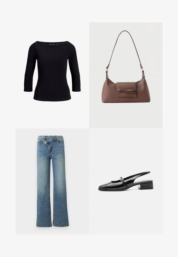 Schwarzes geripptes Oberteil mit einem Bootsausschnitt und Dreiviertelärmeln, aus elastischem Stoff gefertigt, mit einer taillierten Passform und glatter Textur.; Hellblaue Jeans aus Denim mit weitem Bein, hoher Taille, leichter Verblassung und Knopfverschluss vorne. Verfügt über fünf Taschen und minimale Nähte.; Schwarzer Slingback-Schuh aus Lackleder mit niedrigem Blockabsatz und dünnem Riemen mit silberner Schnalle oben.; Braune Leder-Umhängetasche mit einer vorderen Klappentasche, die ein gestepptes Schleifendetail und einen verstellbaren Riemen aufweist.