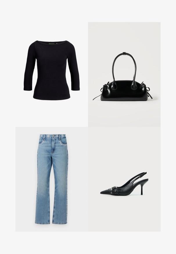 Schwarzes geripptes Oberteil mit einem Bootsausschnitt und Dreiviertelärmeln, aus elastischem Stoff gefertigt, mit einer taillierten Passform und glatter Textur.; Good American GOOD ICON STUDDED - Jeans Straight Leg - indigo; Schwarzer Leder Slingback-Pumps mit spitzer Vorderkappe und einem Schnallen- und Ösenriemen vorne.; Kleine schwarze glänzende Handtasche mit zwei langen Griffen und seitlichen Kordelzug-Details vor einfachem hellem Hintergrund.