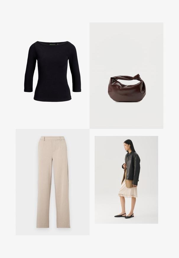 Top negro acanalado con escote barco y mangas tres cuartos, hecho de una tela elástica, que presenta un diseño ajustado y una textura suave.; Pantalones beige hechos a medida con pierna recta, textura suave, bolsillos frontales y trabillas para cinturón. Confeccionados con una tela ligera.; Chaqueta de cuero negra sobre una blusa marrón, combinada con un vestido camisón color crema claro con ribete de encaje y zapatos slingback negros.; Bolso de hombro de cuero marrón oscuro con una forma suave y caída, y un asa con nudo torcido sobre un fondo blanco liso.