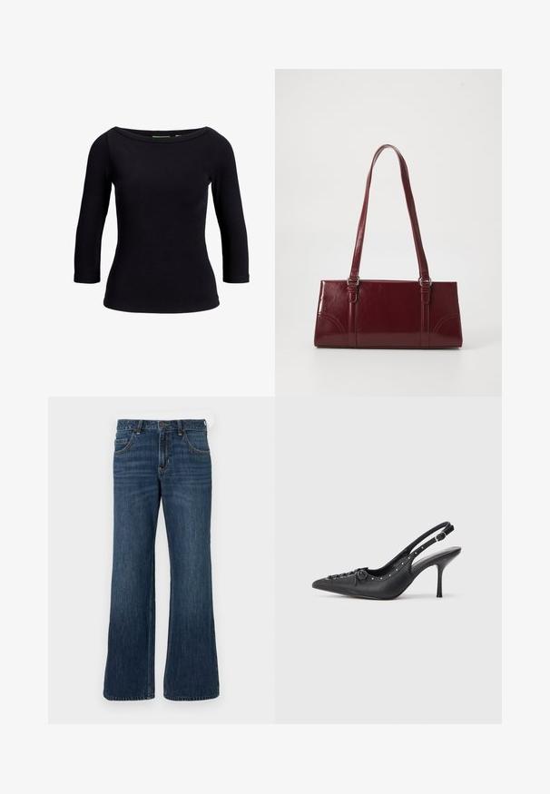 Top noir à côtes avec un col bateau et des manches trois quarts, fabriqué en tissu extensible, présentant un design ajusté et une texture douce.; Jean large bleu foncé avec une conception classique à cinq poches, doté d'une fermeture à bouton et de légères décolorations. Fabriqué en tissu denim.; Escarpin en cuir noir à talon aiguille avec un bout pointu, une bride latérale à boucle, des clous le long du bord et un laçage décoratif à l'avant.; Sac à main bordeaux en matériau brillant, de forme rectangulaire, avec deux anses et des accents légèrement courbés à l'avant.