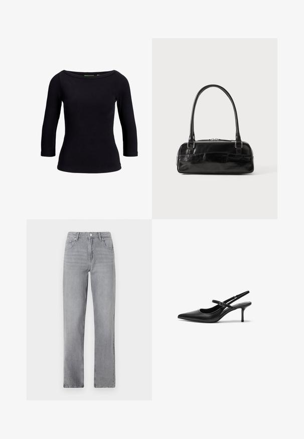 Sort ribbet top med bådudskæring og trekvartærmer, lavet af strækbart materiale, med en tætsiddende pasform og glat tekstur.; Grå lige jeans med frontlommer, en knaplukning og en klassisk pasform præsenteret på en ensfarvet hvid baggrund.; Sorte læder slingback hæle med spids tå, slank justerbar rem og en stiletto hæl på cirka 5 cm, glat tekstur.; Sort læderhåndtaske med rektangulær form, der har et enkelt struktureret håndtag, sølvhardware og lynlås-lukning. Glat tekstur.
