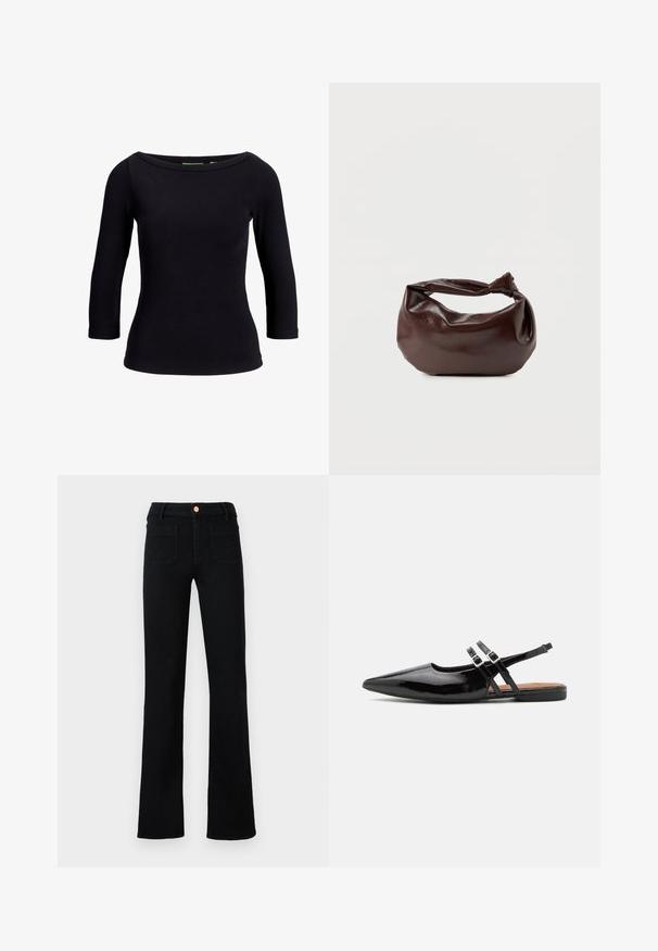 Zwarte geribbelde top met een bateauhals en driekwartmouwen, gemaakt van rekbare stof, met een getailleerd ontwerp en een gladde textuur.; Zwarte hoge taille straight-leg jeans met voorzakken en een koperen knoopsluiting op een neutrale achtergrond.; Zwarte gepatineerde leren slingback schoenen hebben een spitse neus, twee banden met gespsieraden en een platte zool.; Donkerbruine leren schoudertas met een zachte, slungelige vorm en een gedraaide knoopvormige handgreep op een effen witte achtergrond.