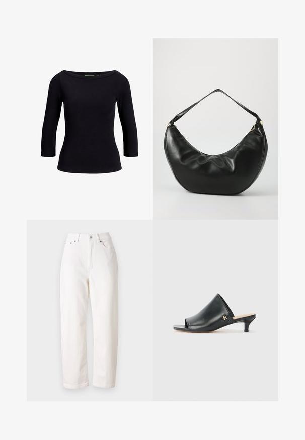 Sort ribbet top med bådudskæring og trekvartærmer, lavet af strækbart materiale, med en tætsiddende pasform og glat tekstur.; Hvide denim jeans med lige ben design, høj talje, lynlås og metallukning. Har fem lommer og diskret syning.; Sorte læder open-toe mules med en lav hæl. Har en glat overflade og et guld logo-prim på siden.; Sort læder skuldertaske med en buet form, blød tekstur og en enkelt rem; har en guldbeslået lynlås og diskret branding.