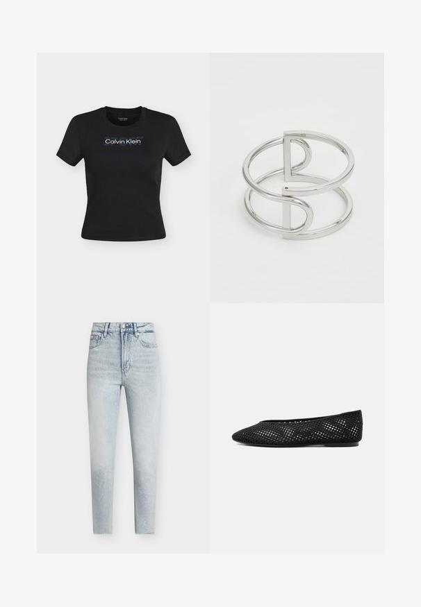 Fekete, testhez simuló, rövid ujjú póló kék-fehér "Calvin Klein SPORT" logóval a mellkas közepén.; Világoskék magasderekú skinny farmer elülső és hátsó zsebekkel, gombos rögzítéssel és finom, kifakult mosott részletekkel.; Fekete hálós balerina cipő zárt orral és alacsony sarokkal, légáteresztő szőtt kialakítással és visszafogott oldalsó logóval.; Ezüst színű fém karkötő, dupla hurok formával, sima, fényes felülettel és minimalista geometriai díszítéssel.