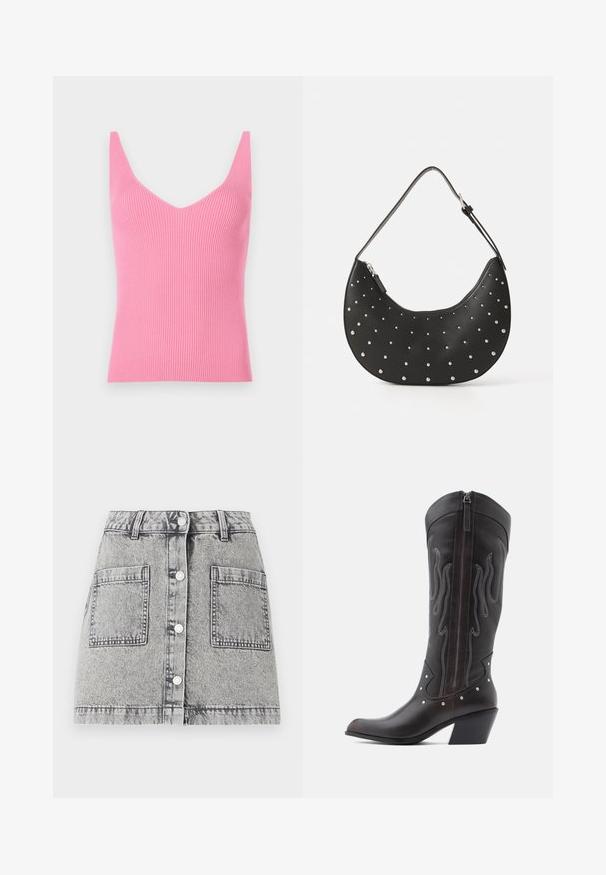 Aangesloten roze geribbelde tanktop met een diepe V-hals, brede schouderbanden en een gladde textuur. Geschikt voor lagen of als zelfstandige kleding.; Lichtgrijze denimrok met een vervaagde textuur, voorzien van een knoopsluiting aan de voorkant, twee grote zijzakken en een rechte snit.; Bruine leren cowboylaarzen met vlamstiksels, zijrits, zilveren studs, spits toelopende neus en gestapelde hak.; Zwarte leren handtas met een gebogen vorm, versierd met zilveren studs, voorzien van een ritssluiting en een enkele verstelbare schouderband.