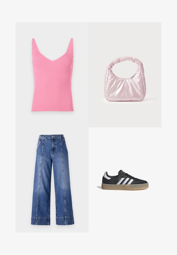 Top sin mangas ajustado de canalé rosa con un profundo escote en V, tirantes gruesos y una textura suave. Adecuado para llevar por capas o como prenda independiente.; Jeans de mezclilla azul de pierna ancha con una cintura alta, que cuentan con un cierre de botón, bolsillos frontales y costuras visibles a lo largo de las costuras laterales.; Zapatilla deportiva de cuero negro con tres rayas plateadas, punta texturizada y suela de goma. Cuenta con un collar acolchado y un diseño con cordones.; Bolso de mano acolchado en color rosa con un diseño redondeado, fabricado en material brillante. Presenta un asa fruncida y un cierre de cremallera para un acceso seguro.