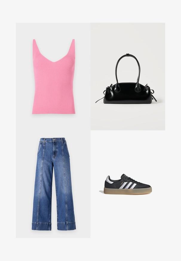 Top sin mangas ajustado de canalé rosa con un profundo escote en V, tirantes gruesos y una textura suave. Adecuado para llevar por capas o como prenda independiente.; Jeans de mezclilla azul de pierna ancha con una cintura alta, que cuentan con un cierre de botón, bolsillos frontales y costuras visibles a lo largo de las costuras laterales.; Zapatilla deportiva de cuero negro con tres rayas plateadas, punta texturizada y suela de goma. Cuenta con un collar acolchado y un diseño con cordones.; Pequeño bolso negro brillante con dos asas largas y detalles de cordón lateral sobre un fondo claro liso.