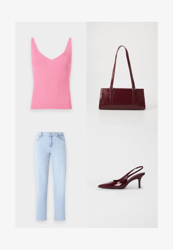 Fittet rosa ribbet tanktop med dyb V-hals, brede skulderstropper og en glat tekstur. Velegnet til lag-på-lag eller som alene brug.; Lyseblå lige ben jeans lavet af denim, med en standard talje, fem lommer og subtile sømdetaljer.; Bordeaux patentlæder slingback hæle med spids tå og slank hæl, der har udskæringer på siderne og et buet rygdesign.; Bordeaux håndtaske lavet af glansfuldt materiale, rektangulær form, med to skulderremme og subtile buede detaljer på forsiden.