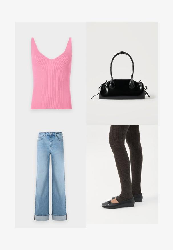 Aangesloten roze geribbelde tanktop met een diepe V-hals, brede schouderbanden en een gladde textuur. Geschikt voor lagen of als zelfstandige kleding.; Lichtblauwe wijde jeans van klassieke denim met een hoge taille, voorzien van opgerolde zomen en zichtbare stiksels.; Benen met donkere geribbelde leggings gecombineerd met zwarte ballerina's met kleine strikdetails op een witte achtergrond.; Kleine zwarte glanzende handtas met twee lange hengsels en zijkant trekkoord details op een effen lichte achtergrond.