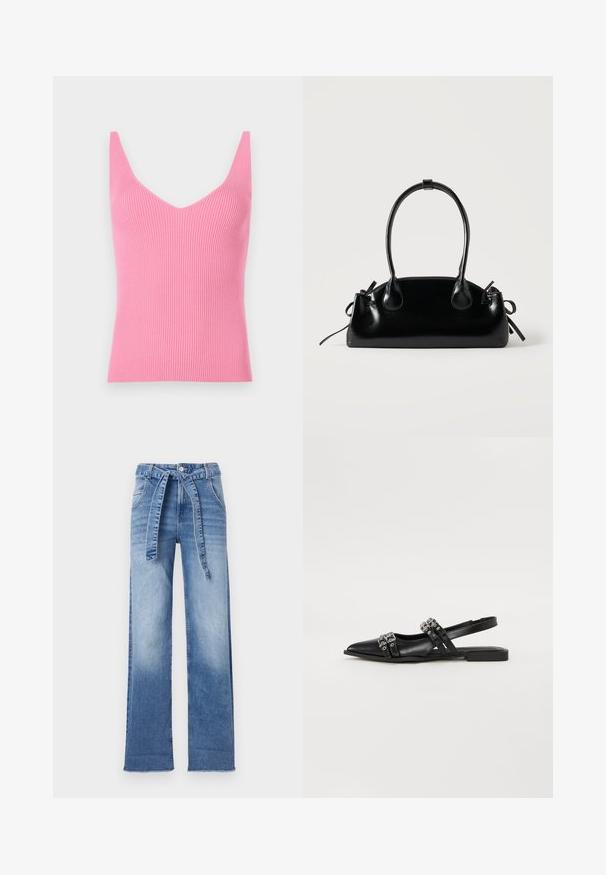 Aangesloten roze geribbelde tanktop met een diepe V-hals, brede schouderbanden en een gladde textuur. Geschikt voor lagen of als zelfstandige kleding.; Lichtblauwe denim high-waisted broek met een wijdégi ontwerp, voorzien van een strikriem in de taille en een vervaagde wasafwerking.; Even&Odd by Zalando Slingback ballerina´s - black; Kleine zwarte glanzende handtas met twee lange hengsels en zijkant trekkoord details op een effen lichte achtergrond.