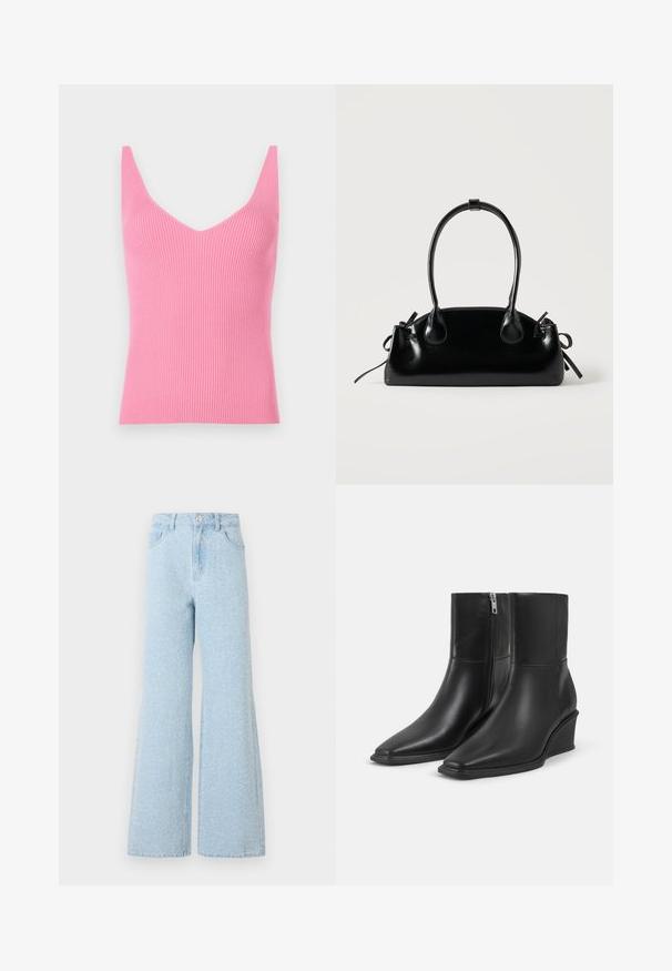 Figurbetontes, pinkes, geripptes Tanktop mit tiefem V-Ausschnitt, breiten Schulterträgern und glatter Textur. Eignet sich sowohl zum Schichten als auch zum alleinigen Tragen.; Hellblaue Jeans mit weitem Bein und hoher Taille, ausgestattet mit einem Knopfverschluss, fünf Taschen und dezentem, ausgewaschenem Muster.; Paar schwarze Leder-Stiefeletten mit spitzen Zehen, Keilabsätzen und seitlichen Reißverschlussverschlüssen auf einfachem hellem Hintergrund.; Kleine schwarze glänzende Handtasche mit zwei langen Griffen und seitlichen Kordelzug-Details vor einfachem hellem Hintergrund.