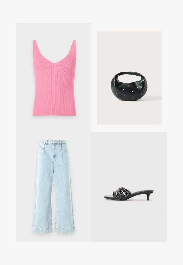 Fittet rosa ribbet tanktop med dyb V-hals, brede skulderstropper og en glat tekstur. Velegnet til lag-på-lag eller som alene brug.; Lyseblå vidbenede jeans lavet af denim, med høj talje, forlommer og syede detaljer ved kanten.; Sorte hælede sandaler med flere glossy stropper og metalliske accenter, med en spids tå og beskedne kittenhæle. Glat tekstur.; Sort læderhåndtaske med en rundet form, dekoreret med sølvnitter, og et kort håndtag. Glat tekstur og lynlåslukning.