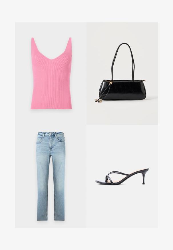 Figurbetontes, pinkes, geripptes Tanktop mit tiefem V-Ausschnitt, breiten Schulterträgern und glatter Textur. Eignet sich sowohl zum Schichten als auch zum alleinigen Tragen.; Hellblaue, hoch taillierte Jeans mit geradem Bein, vorne und hinten mit Taschen, Knopfverschluss und subtiler Ausbleichung an Oberschenkeln und Knien.; Schwarze Peeptoe-Sandale aus Lackleder mit dünnen, gekreuzten Riemen und einem schlanken, mittelhohen Stilettoabsatz vor weißem Hintergrund.; Schwarze rechteckige Handtasche mit zwei langen Trägern, goldfarbenem Ringdetail und Reißverschluss auf hellem, einfarbigem Hintergrund.