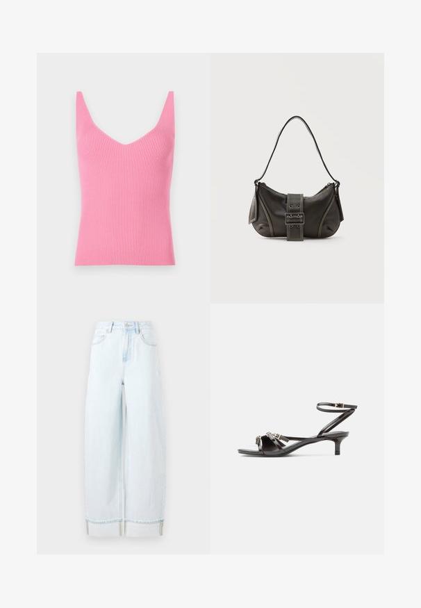 Aangesloten roze geribbelde tanktop met een diepe V-hals, brede schouderbanden en een gladde textuur. Geschikt voor lagen of als zelfstandige kleding.; Lichtblauwe wijdvallende spijkerbroek van denim, met een hoge taille, zijzakken en een omgeslagen zoom met zichtbare stikselaccenten.; Zwarte lakleren sandaal met dunne bandjes, een klein kittenhakje en verstelbare enkelgesp.; Zwarte leren schoudertas met gespsluiting aan de riem, afgeronde hoeken en contrasterende witte stiksels op een effen achtergrond.
