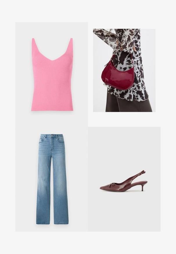 Fittet rosa ribbet tanktop med dyb V-hals, brede skulderstropper og en glat tekstur. Velegnet til lag-på-lag eller som alene brug.; Lyseblå højtaljede jeans med lige ben. Fremstillet af denim, med fem lommer og knaplukning.; Bordeaux læder slingback hæl med spidse tå, justerbar rem og dekorativ sløjfedetalje foran. 7,5 cm hælhøjde.; Kvinde iført en sort- og hvidmønstret bluse, der holder en blank rød skuldertaske mod en ensfarvet baggrund.