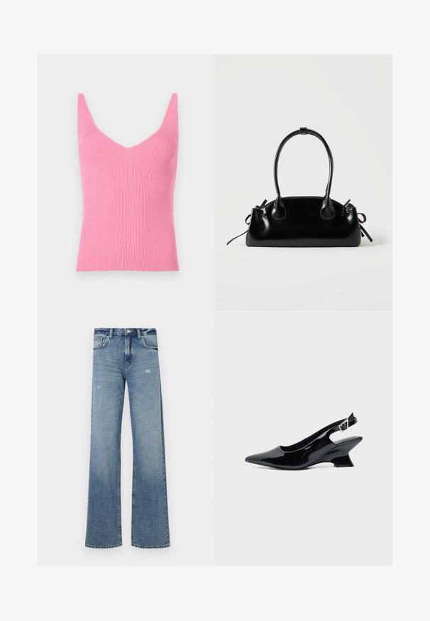 Fittet rosa ribbet tanktop med dyb V-hals, brede skulderstropper og en glat tekstur. Velegnet til lag-på-lag eller som alene brug.; Lyseblå denimjeans med høj talje, vidde ben, let slid og traditionel fem-lomme struktur.; Sort laklæder slingback sko med spids tå og lav vinklet blokhæl på ensartet lys baggrund.; Lille sort blank håndtaske med to lange håndtag og snøre-detaljer i siden på en ensfarvet lys baggrund.