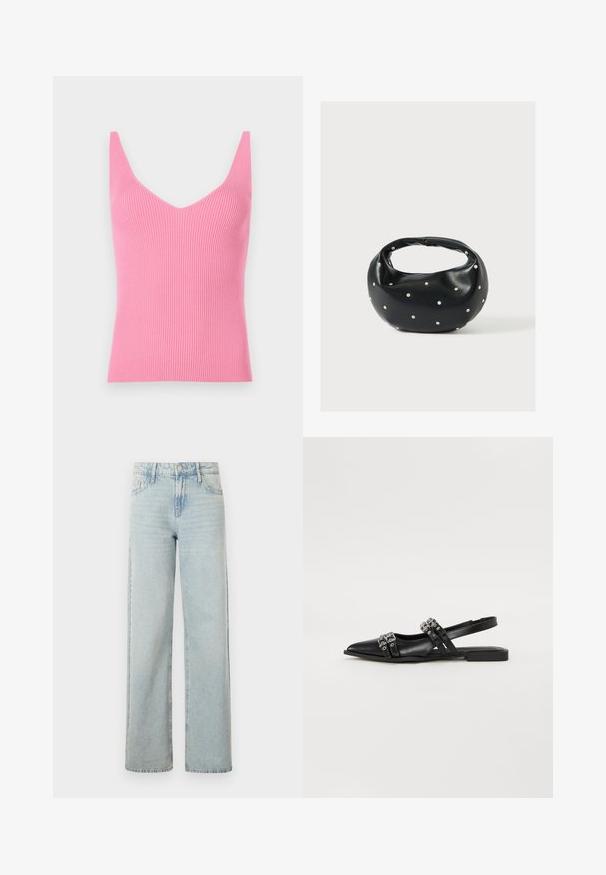 Top sin mangas ajustado de canalé rosa con un profundo escote en V, tirantes gruesos y una textura suave. Adecuado para llevar por capas o como prenda independiente.; Jeans de tiro alto en lavado claro con un corte recto. Fabricados en denim, presentan un diseño clásico de cinco bolsillos y un desvanecimiento sutil.; Even&Odd by Zalando Bailarinas con tira trasera - black; Bolso de mano de cuero negro con forma redondeada, decorado con detalles de tachuelas plateadas y un asa corta. Textura lisa y cierre con cremallera.