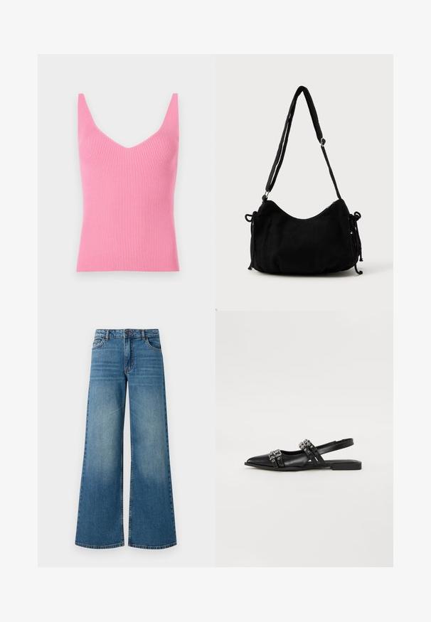 Figurbetontes, pinkes, geripptes Tanktop mit tiefem V-Ausschnitt, breiten Schulterträgern und glatter Textur. Eignet sich sowohl zum Schichten als auch zum alleinigen Tragen.; Weite blaue Jeans aus Denim mit einem verblassten Finish, Fünf-Taschen-Design und einem normalen Bund mit einem Metallknopf und Reißverschluss.; Even&Odd by Zalando Sling-Ballerina - black; Schwarze Cordtasche mit geschwungener Form, verstellbarem Schultergurt und Kordelzugverschlüssen an beiden Seiten zur Größenanpassung.