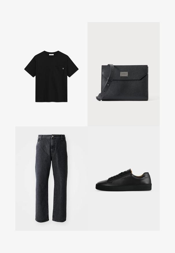 Sort bomulds t-shirt med korte ærmer, rund hals og en lomme på brystet. Har et lille mærke fra mærket på lommen.; Sorte denim jeans med lige snit, med knaplukning, fem lommer og subtil tekstur. Klassisk design uden fremtrædende mønstre.; Sort lavtopet læder-sneaker med sorte snørebånd, tekstureret gummisål og lille præget logo på siden, vist i profil mod grå baggrund.; Sort struktureret læder crossbody taske med justerbar rem og metal logo plade foran, rektangulært konvolutlåg.