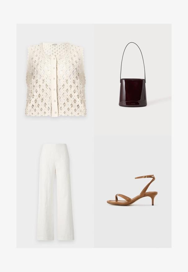 Veste sans manches en crochet de couleur crème avec motif floral, boutons en perle et bords festonnés, présentée sur fond blanc.; Pantalons larges en lin blanc avec une texture lisse et une taille haute. Présente une silhouette simple et épurée sans embellissements.; Sandale en cuir marron avec lanières, talon bas en forme de petit escarpin et bride à la cheville avec une petite boucle, vue de côté sur un fond uni.; Sac seau brun foncé brillant avec une longue sangle fine et des coutures visibles minimales sur un fond clair.