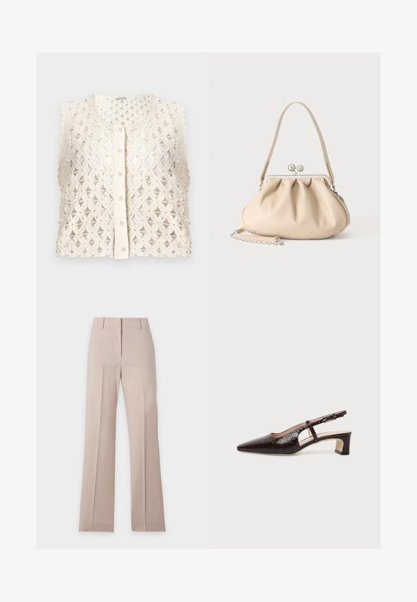 Veste sans manches en crochet de couleur crème avec motif floral, boutons en perle et bords festonnés, présentée sur fond blanc.; Pantalon beige à jambes droites avec passants de ceinture et pli devant, présenté à plat sur fond blanc.; Chaussure slingback en cuir marron foncé à texture crocodile, bout pointu, talon bas bloc et bride ajustable avec boucle dorée.; Sac à main en cuir souple beige avec un fermoir en métal argenté, une bandoulière simple et une bandoulière chaîne optionnelle sur fond blanc.