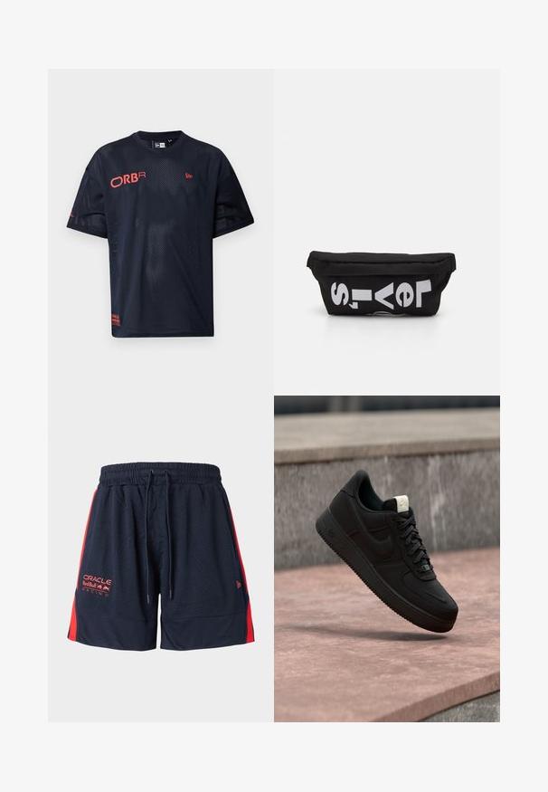 Marineblauwe mesh t-shirt met korte mouwen en rode logodetails. Heeft een ronde halslijn en ademend materiaal voor ventilatie.; Marineblauwe mesh korte broek met rode zijpanelen. Voorzien van een elastische tailleband en een trekkoord. Inclusief geborduurd logo op de linker dij.; Zwarte Nike Air Force 1 sneaker die boven een roze betonnen richel zweeft met een grijze stenen achtergrond, met zij- en bovenzijde details.; Zwarte stoffen tas met een platte vorm, voorzien van vet witte tekst. De ritssluiting bevindt zich aan de bovenkant, met een lus-detail aan één kant.