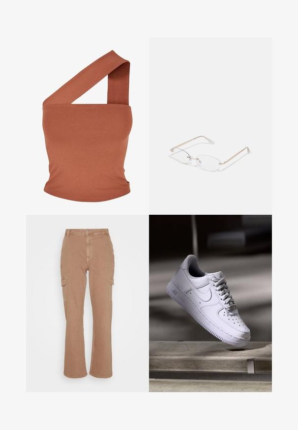 Haut asymétrique à une épaule en tissu extensible couleur rouille. Design ajusté avec une large bretelle et une texture lisse. Sans motifs ni accents.; Hollister Co. PORTABELLA CARPENTER DAD - Jean boyfriend - brown; Baskets Nike Air Force 1 blanches lévitant au-dessus d'une surface en béton avec des ombres dans un cadre minimaliste.; Lunettes en métal doré avec des verres ovales, des branches fines et des plaquettes de nez transparentes. Présente des accents subtils sur les charnières et des verres transparents.