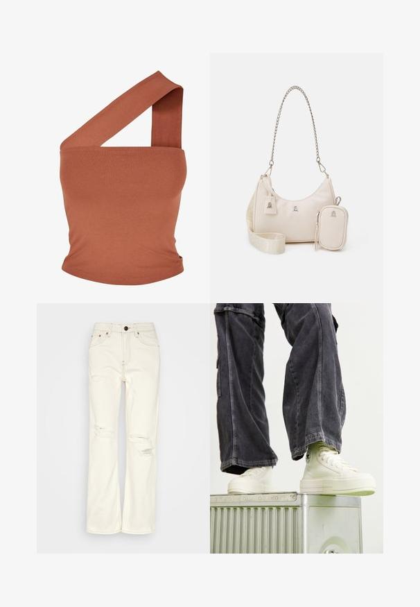 Haut asymétrique à une épaule en tissu extensible couleur rouille. Design ajusté avec une large bretelle et une texture lisse. Sans motifs ni accents.; BDG Urban Outfitters STRAIGHT - Jean droit - ecru; Baskets montantes en toile cassée avec des semelles en caoutchouc, couture détaillée et un logo circulaire, associées à un pantalon cargo à jambes larges gris foncé.; Sac à main en cuir beige avec une forme courbée, une bandoulière en chaîne, quincaillerie en argent et une petite pochette amovible. Bandoulière texturée avec un motif de logo.