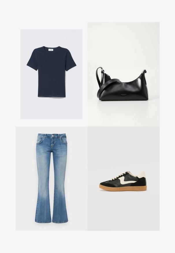 T-shirt bleu marine à manches courtes avec un col rond. Fabriqué en tissu doux, comportant une étiquette marquée "WEEKDAY" au niveau du cou.; LTB ROXY - Jean flare - vicky wash; Baskets en daim et cuir noir avec un swoosh latéral crème et un talon crème clair. Dotées de lacets beige et d'une semelle en caoutchouc gomme.; Sac à main en cuir noir avec une texture lisse. Dispose d'une bandoulière adjustable et d'un design élégant et minimaliste avec une fermeture éclair.