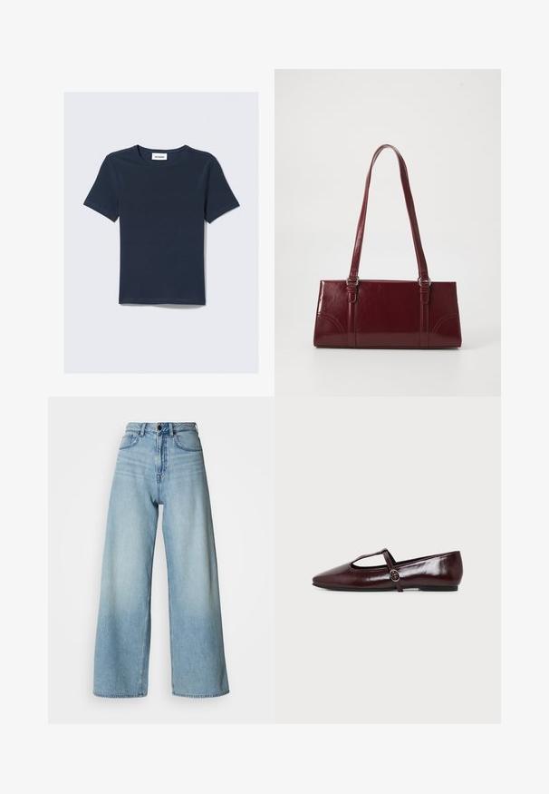 T-shirt bleu marine à manches courtes avec un col rond. Fabriqué en tissu doux, comportant une étiquette marquée "WEEKDAY" au niveau du cou.; Jean bleu clair de style taille haute à jambes larges, en denim, avec un design à cinq poches et un délavage subtil pour la texture.; Chaussure plate en cuir bordeaux foncé avec un bout pointu et une fine bride en T avec une boucle argentée sur fond blanc.; Sac à main bordeaux en matériau brillant, de forme rectangulaire, avec deux anses et des accents légèrement courbés à l'avant.