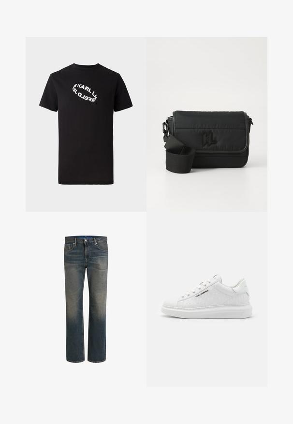 Camiseta de algodón negra con mangas cortas y cuello redondo. Presenta un texto de logo distorsionado en blanco impreso en el frente.; Vaqueros de denim en azul oscuro con un degradado desvanecido, diseño de pierna recta, estilo de cinco bolsillos, cierre de botón y cremallera de metal, y costuras en contraste.; Zapatilla blanca hecha de cuero suave con un patrón en relieve. Presenta punta redonda, cordones en la parte frontal y suela texturizada. Detalle del logo en plata en el lateral.; Bolso de mensajero negro de nylon, con un diseño acolchado, correa ajustable y logo en relieve en la parte frontal. Textura suave.