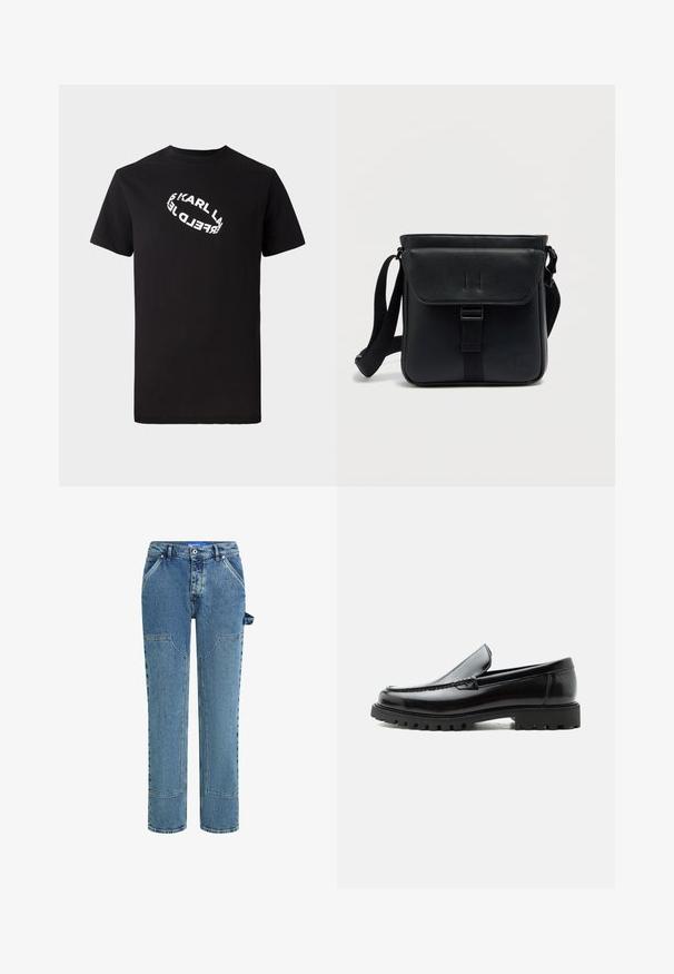 Camiseta de algodón negra con mangas cortas y cuello redondo. Presenta un texto de logo distorsionado en blanco impreso en el frente.; Jeans de mezclilla azul con un diseño de pierna recta, que cuentan con parches en contraste, dos bolsillos frontales y un detalle de lazo visible en el lado.; Mocasín de cuero negro con suela de goma gruesa, empeine cosido y nombre de la marca en relieve en el talón, mostrado en perfil lateral sobre fondo blanco.; Bolso bandolera de cuero negro con cierre de solapa, correa ajustable y logo en relieve. Textura suave y diseño minimalista.