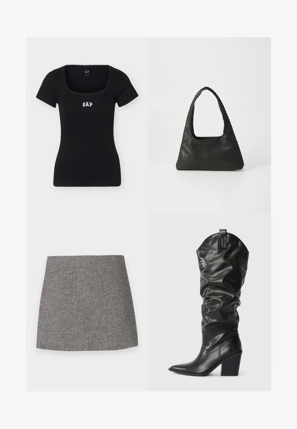 Top noir ajusté à manches courtes avec encolure carrée et logo "GAP" centré sur la poitrine en lettres blanches.; Jupe à motif chevrons en tissu gris, présentant une silhouette ajustée avec une texture lisse et un ourlet droit et net.; Bottes noires en cuir montant jusqu'au genou avec un design ample, bout pointu et talon épais. Elles présentent des coutures et une languette de traction en haut.; Sac à main en cuir noir de forme triangulaire, avec une grande poignée découpée et des coutures détaillées le long des bords. Texture lisse.