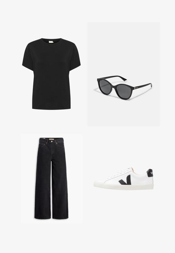 T-shirt en coton noir avec un col rond et des manches courtes. Le tissu a une texture lisse et une coupe décontractée, sans motifs visibles.; Jean noir à jambe large en denim, comportant cinq poches, des rivets en laiton et une fermeture à bouton classique. Texture lisse avec un design épuré.; Baskets blanches avec un logo V noir, présentant un dessus en cuir lisse, un bout rond, un système de laçage et un empiècement au talon noir contrastant.; Polaroid Lunettes de soleil - black