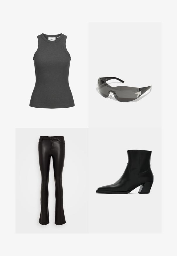 Camiseta sin mangas gris oscuro de punto acanalado con cuello redondo y silueta ajustada, talla pequeña.; Vero Moda VMFLASH FLARED PANTS - Pantalones - black; Bota de tobillo de cuero negro con punta afilada, una silueta elegante y un tacón cuadrado grueso. Textura suave con detalles de costura mínimos.; Gafas de sol negras con diseño envolvente, lentes oscuros, acentos brillantes en forma de estrella y almohadillas nasales ajustables.