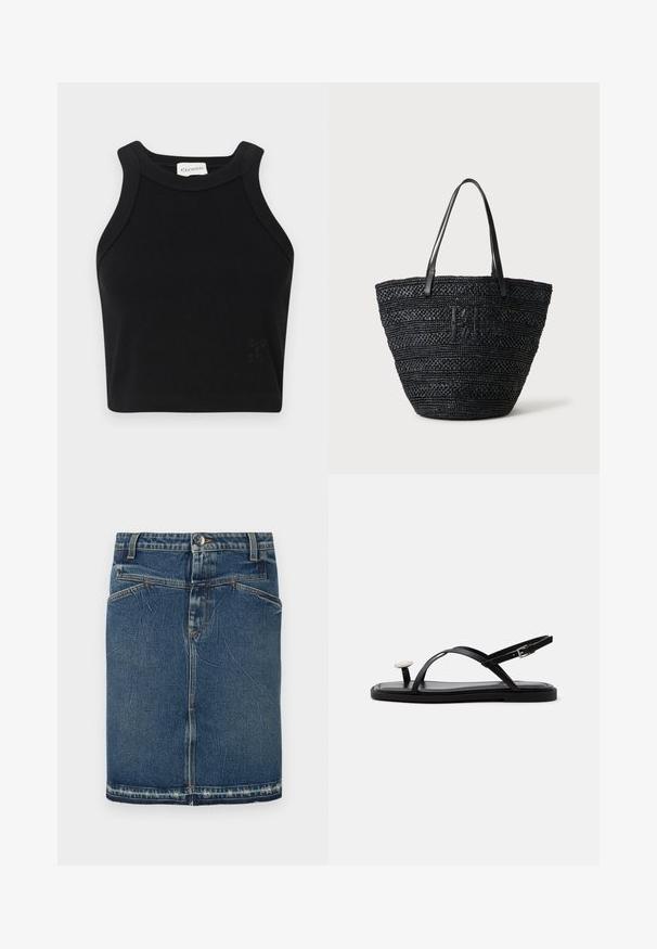Schwarzes geripptes Cropped Top mit taillierter Passform, breiten Schulterträgern und einem dezenten Logo-Detail. Aus dehnbarem Material für höchsten Tragekomfort gefertigt.; Denimrock mit einem klassischen Blue-Wash, fünf Taschen-Design und fransigem Saum. Schließt mit einem vorderen Knopf und Reißverschluss.; Schwarze flache Sandale mit dünnen gekreuzten Riemen, Knöchelverschluss und einer großen runden weißen perlenähnlichen Verzierung über dem Zehensteg.; Schwarze, gewebte Tragetasche mit zwei dünnen Ledergriffen und einem dezenten, geflochtenen Logo auf der Vorderseite, stehend vor einem hellen Hintergrund.