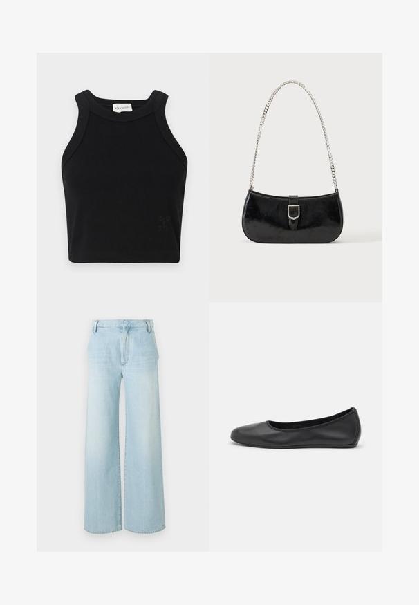 Sort ribbet crop top med en tætsiddende design, brede stropper og en diskret logo-detalje. Lavet af strækbart materiale for komfort.; Lyseblå vide jeans i denim. Har høj talje, fem-lommers design og subtil fading med en ren kant.; Sort læderballetsko med rund tå, glat tekstur, minimal syning og et fleksibelt såldesign.; Sort skuldertaske i laklæder med sølv spænde og sølv kæderem, vist mod en ensartet lys baggrund.