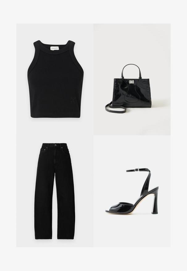 Top corto negro de canalé con un diseño ceñido, tirantes anchos y un sutil detalle del logo. Fabricado con material elástico para mayor comodidad.; Pantalones vaqueros de mezclilla negra de pierna ancha con cintura alta, que cuentan con un cierre de botón frontal, bolsillos y una textura suave y mate.; Sandalia de tacón alto de charol negro con puntera abierta y fina correa de tobillo con hebilla sobre fondo blanco.; Bolso de mano negro de piel patentada con asas redondeadas, una correa de hombro desmontable y cierre de broche plateado sobre un fondo blanco liso.
