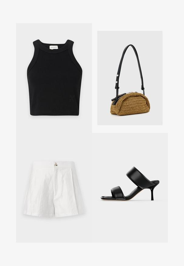 Schwarzes geripptes Cropped Top mit taillierter Passform, breiten Schulterträgern und einem dezenten Logo-Detail. Aus dehnbarem Material für höchsten Tragekomfort gefertigt.; Weiße Leinen-Shorts mit flachem Bund, gefälteltem Vorderdesign und einem metallischen Logo-Detail in der Mitte vorne.; Schwarze Leder-Mule-Sandale mit zwei breiten Riemen und einem schlanken, mittelhohen Stilettoabsatz auf einem schlichten hellen Hintergrund.; Kleine hellbraune gewebte Handtasche mit geschwungener Form, schwarzem verstellbarem Lederträger und silbernem Reißverschluss.
