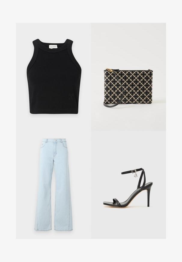 Čierny rebrovaný crop top so štíhlym strihom, širokými ramennými popruhmi a diskrétnym logom. Vyrobený z elastického materiálu pre pohodlie.; Svetlomodré denimové nohavice s širokými nohavicami sú s vysokým pásom, prednými vreckami a viditeľnými prešívacími detailmi na švoch a leme.; Čierna sandála na vysokom opätku s úzkym remienkom okolo členka, štvorcovou špičkou, hladkým koženým materiálom a kovovým zapínaním.; Čierno-béžová vzorovaná peňaženka na zápästie so zlatým zipsom a odnímateľným čiernym remienkom, zobrazená na bielom pozadí.